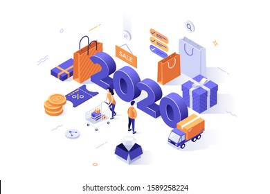 Infographic banner template with 2020 date, people buying goods. Concept of year of opportunities in internet shopping and retail, online sales, customer services. Isometric vector illustration.