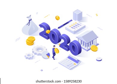 Infographic banner template with 2020 date, money, man carrying dollar coin. Concept of year of opportunities in financial and banking services, investment profit. Isometric vector illustration.