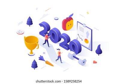 Infographic banner template with 2020 date, running people. Concept of year of opportunities in sports activities, active lifestyle, fitness training, healthy nutrition. Isometric vector illustration.