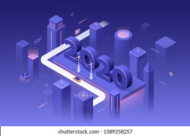 Infographic Banner Template With 2020 Date, Futuristic City At Night, Car On Road. Concept Of Year Of Opportunities In Modern Urban Technologies, Electricity Generation. Isometric Vector Illustration.