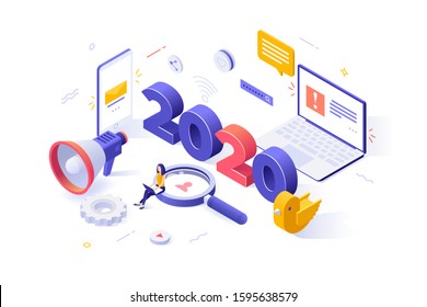 Infographic banner template with 2020 date, woman with laptop, magnifying glass. Concept of year of opportunities in SEO, digital marketing, promotion on social media. Isometric vector illustration.