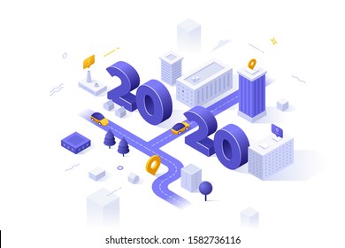 Infographic banner template with 2020 number, buildings and cars riding along streets. Concept of year of opportunities in city planning and development, navigation. Isometric vector illustration.