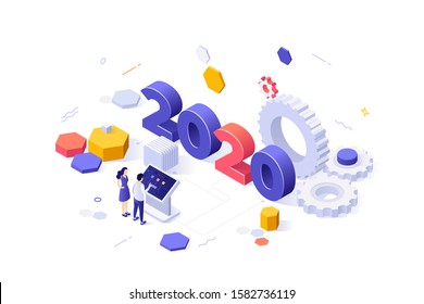 Infographic banner template with 2020 number, giant gear wheels and people standing at control panel. Concept of year of opportunities in mechanics of business process. Isometric vector illustration.