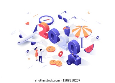 Infographic banner template with 2020 number, people choosing travel destination. Concept of year of opportunities in services for trip or summer vacation planning. Isometric vector illustration.