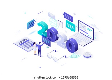 Infographic banner template with 2020 number, people, laptop computer, newspaper. Concept of year of opportunities in internet newsmaking and digital journalism. Modern isometric vector illustration.