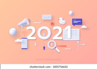 Infographic banner template with 2021 date, megaphone, laptop, smartphone. Concept of year of opportunities in SMM, digital marketing, internet advertising, social media. Modern vector illustration.