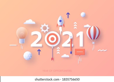 Infographic banner template with 2021 date, rocket, air balloon, lightbulb, arrow flying up. Concept of year of opportunities in business progress, company development, growth. Vector illustration.