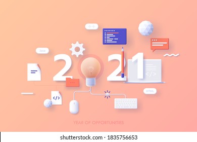 Infographic banner template with 2021 date, computer keyboard and mouse, laptop. Concept of year of opportunities for software development, programming, coding. Modern vector illustration for website.