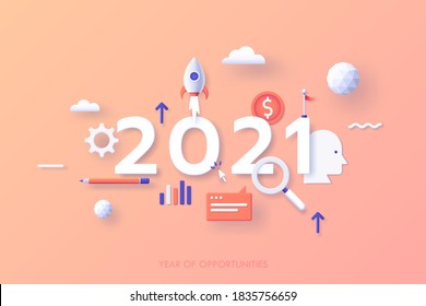 Plantilla de banner infográfico con fecha 2021, nave espacial, lupa, moneda, bandera. Concepto de año de oportunidades para el emprendimiento, inicio de negocio, lanzamiento de proyecto de inicio. Ilustración vectorial moderna.