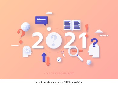 Infographic banner template with 2021 number, heads, exclamation mark, interrogation point, magnifier. Concept of year of opportunities in search for information, user guides. Vector illustration.