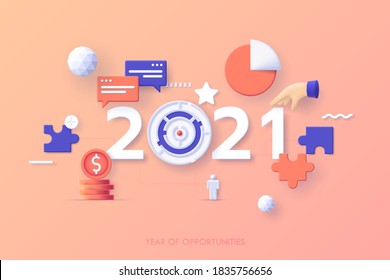 Infographic banner template with 2021 number, jigsaw puzzle, maze, coins. Concept of year of opportunities in strategic management, tactics for business problem solving. Modern vector illustration.