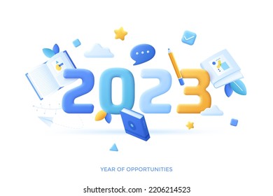 Plantilla de banner fotográfico con libros y lápiz. Concepto de 2023 como año de oportunidades de educación en línea, aprendizaje a distancia, cursos en Internet. Ilustración vectorial moderna en pseudo estilo 3d.