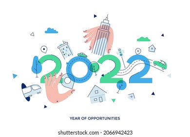 Infographic banner template with buildings, cars riding along roads, urban transport. Concept of 2022 as year of opportunities for city planning and development, urbanism. Flat vector illustration.