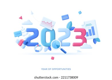 Infographic banner template with charts, diagrams and magnifying glass. Concept of 2023 as year of opportunities for statistics, statistical research. Modern vector illustration in pseudo 3d style.