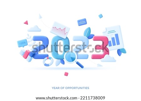 Infographic banner template with charts, diagrams and magnifying glass. Concept of 2023 as year of opportunities for statistics, statistical research. Modern vector illustration in pseudo 3d style.