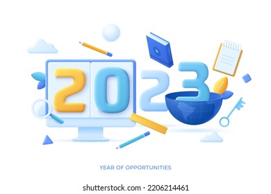 Infographic banner template with computer, textbook, globe. Concept of 2023 as year of opportunities for search for academic knowledge, international education. Vector illustration in pseudo 3d style.