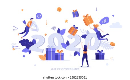Infographic banner template with customers, gift boxes and 2020 number. Concept of year of opportunities in sales, purchases, discounts, bonuses, holiday retail. Modern flat vector illustration.