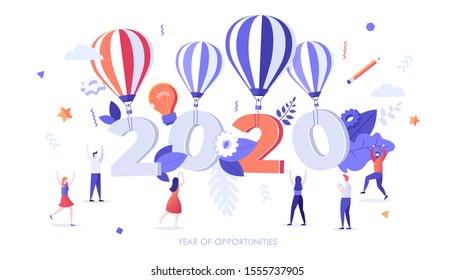 Infographic banner template with group of celebrating people and 2020 number carried by hot air balloons. Concept of year of opportunities in innovative project launch. Modern vector illustration.