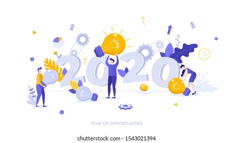 Modelo de banner infográfico com grupo de pessoas carregando lâmpadas. 2020 - ano de oportunidades. Perspectivas na criação de ideias ou tecnologias inovadoras. Ilustração vetorial em estilo simples.