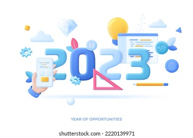 Infographic banner template with hand holding smartphone, program window. Concept of 2023 as year of opportunities for UX design, user experience. Vector illustration in pseudo 3d style for poster.