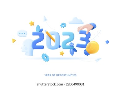 Infographic banner template with hand, pencil, lightbulb, gearwheels. Concept of 2023 as year of opportunities for creative idea generation. Modern vector illustration in pseudo 3d style for poster.