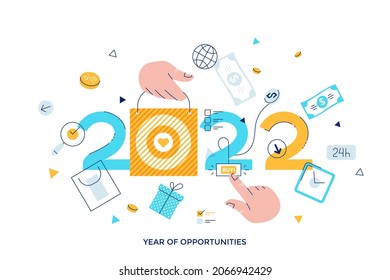 Infographic banner template with hands holding bags, money, price tags. Concept of 2022 as year of opportunities for online shopping, internet stores. electronic sale. Modern flat vector illustration.