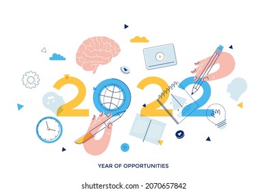 Infographic banner template with hands holding pencil, globe, brain. Concept of 2022 as year of opportunities for internet education and online courses. Modern flat vector illustration for banner.