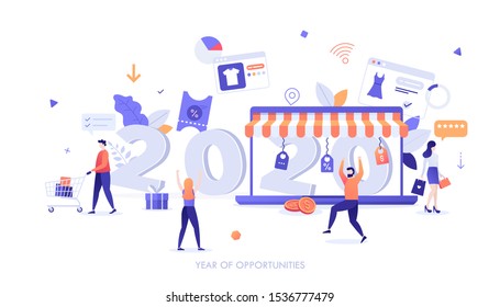 Infographic banner template with happy buyers making purchases online. 2020 - year of opportunities. New trends in e-commerce, internet sales and discounts. Vector illustration in modern flat style.