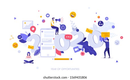 Infographic banner template with man with megaphone, smartphone, online messages and 2020 date. Concept of year of opportunities in social media marketing, SEO, advertisement. Vector illustration.