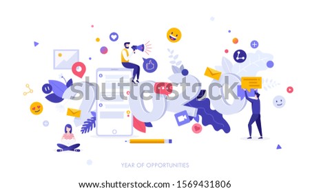 Infographic banner template with man with megaphone, smartphone, online messages and 2020 date. Concept of year of opportunities in social media marketing, SEO, advertisement. Vector illustration.
