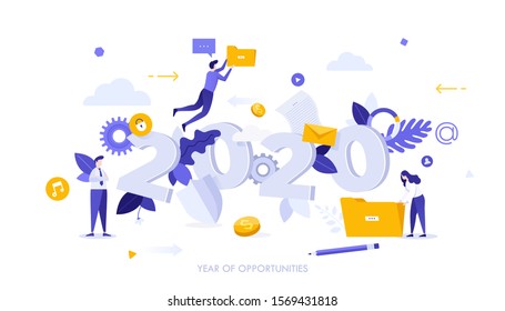 Plantilla de banner gráfico con trabajadores de oficina, carpetas, archivos y fecha 2020. Concepto de año de oportunidades en almacenamiento de información, seguridad de datos del negocio. Ilustración vectorial plana moderna.