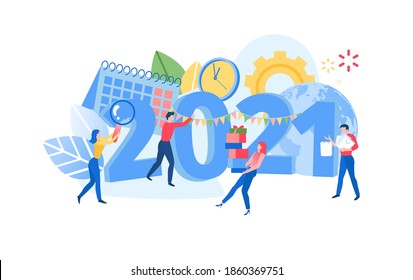 Infographic banner template with people, clock, calendar and 2021 date. Project planning, scheduling, time management. Happy New Year and Merry Christmas. New Years corporate party. flat vector