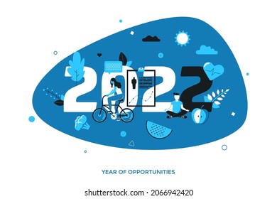 Infographic banner template with people doing sports and meditating. Concept of 2022 as year of opportunities for physical and mental health, mindful active lifestyle. Modern flat vector illustration.