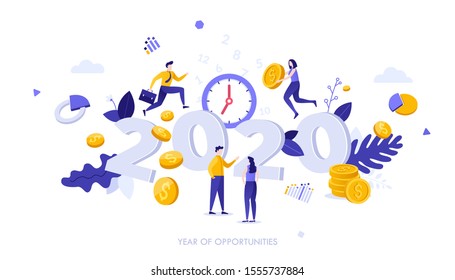 Infographic banner template with people, dollar coins and 2020 number. Concept of year of opportunities in company's profit growth, investment, financial market. Modern flat vector illustration.