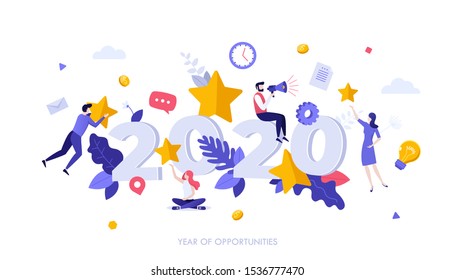 Infographic banner template with people, five star rating and 2020 number. Concept of year of opportunities in customer's evaluation of product, ranking or review. Modern flat vector illustration.