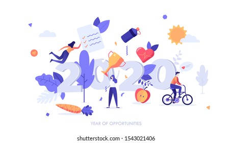 Infographic Banner Template With People Holding Champion Cup, Riding Bike And 2020 Number. Concept Of Year Of Opportunities In Sports, Healthy Lifestyle, Healthcare. Modern Flat Vector Illustration.