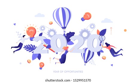 Infographic banner template with people, light bulbs and hot air balloons levitating around 2020 number. Concept of year of opportunities in innovative ideas generation. Flat vector illustration.