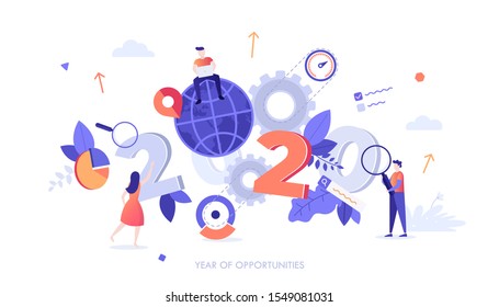 Infographic banner template with people, magnifying glasses and gear wheels around 2020 date. Concept of SEO or search engine optimization, digital internet marketing. Modern flat vector illustration.