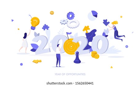 Infographic banner template with people, puzzle pieces and gear wheels around 2020 date. Year of opportunities in business strategies, problem solving, strategic thinking. Flat vector illustration.