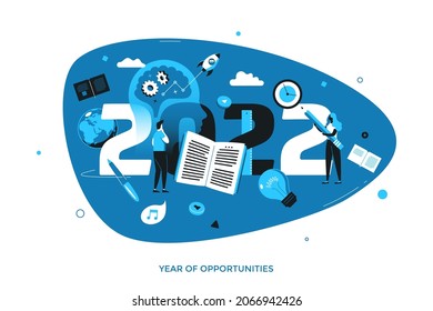 Infographic banner template with people reading books, studying, flying rocket. Concept of 2022 as year of opportunities for education, scientific or study projects. Modern flat vector illustration.