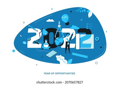 Infographic banner template with people studying. Concept of 2022 as year of opportunities for distant education, internet courses, online learning. Modern flat vector illustration for banner.