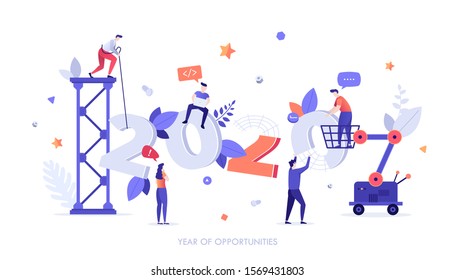 Infographic banner template with programmer working on laptop and people building 2020 number. Concept of year of opportunities in web programming, website construction. Flat vector illustration.