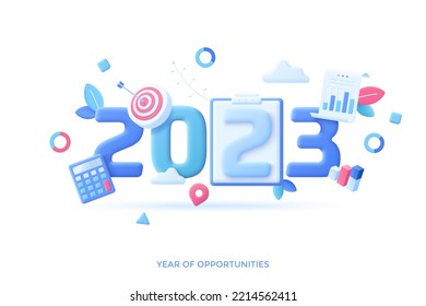 Infographic banner template with shooting target, graphs, calculator. Concept of 2023 as year of opportunities for financial planning, goal achievement. Modern vector illustration in pseudo 3d style.