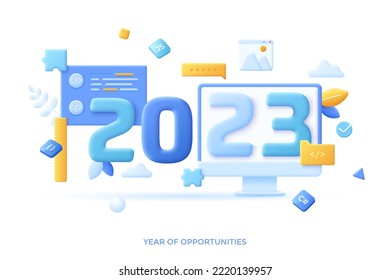 Infographic banner template with source code on computer screen. Concept of 2023 as year of opportunities for software development or coding. Modern vector illustration in pseudo 3d style for banner.