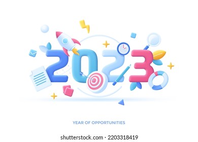 Infographic banner template with spacecraft, clock, target. Concept of 2023 as year of opportunities for business project launch, time management. Vector illustration in pseudo 3d style for banner.