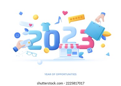 Plantilla de banner infográfico con tienda en pantalla portátil, mano con bolsa. Concepto de 2023 como año de oportunidades para comprar por Internet, comprar artículos en línea. Ilustración vectorial en pseudo estilo 3d.
