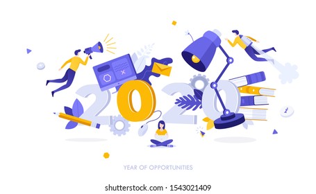 Infographic banner template with students, lamp, textbooks levitating around 2020 number. Concept of year of opportunities in university education, academic studies. Modern flat vector illustration.