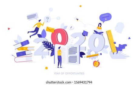 Infographic banner template with students reading textbooks and 2020 date. Concept of year of opportunities in education, learning, university studies, knowledge. Modern flat vector illustration.