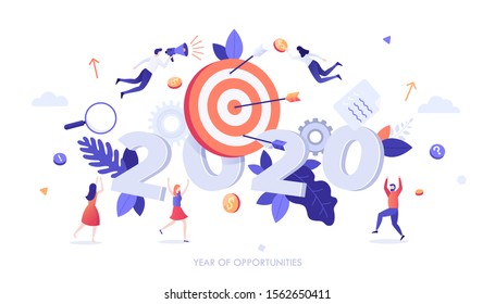 Infographic banner template with target and arrows, happy people, dollar coins and 2020 number. Concept of year of opportunities in achievement of financial gains. Modern flat vector illustration.