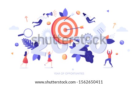 Infographic banner template with target and arrows, happy people, dollar coins and 2020 number. Concept of year of opportunities in achievement of financial gains. Modern flat vector illustration.